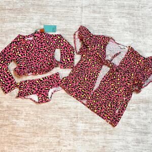 Posh Peanut Girls 2T Pink Cheetah Long Sleeve Swimsuit Bikini Cover up Set Pool